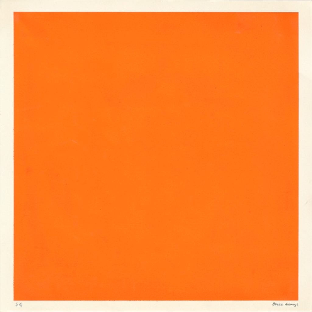 Matte gouache poster painting of a deep navy sky with soft orange clouds drifting low over a horizon line, evoking calm sunrise travel.